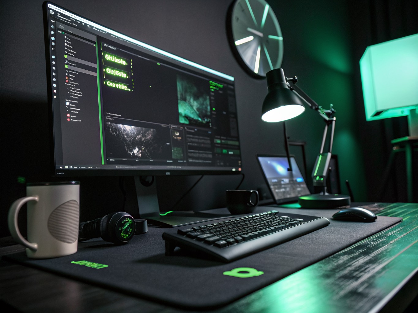 Designer workstation with a dark interface on screen